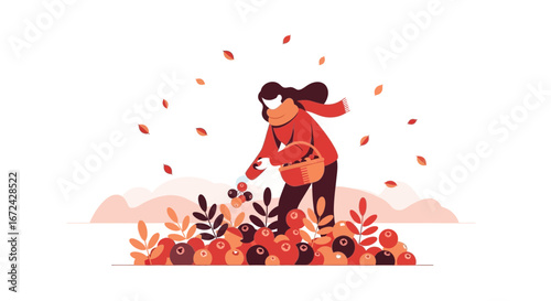 Autumnal Harvesting Scene: A Gentle Spirit Collecting Berries in The Fall Season