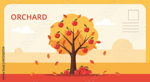 Autumnal Orchard Scene Depicting Fallen Leaves and Bountiful Harvest of Red Apples