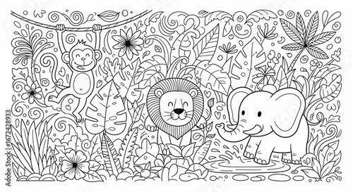 Whimsical jungle scene with playful cartoon animals like monkey, lion, and elephant amidst dense tropical foliage, black and white outline.