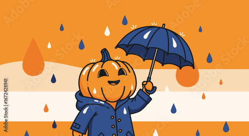 Autumnal Pumpkin Character Under Umbrella Amidst Raindrops in Whimsical Illustration