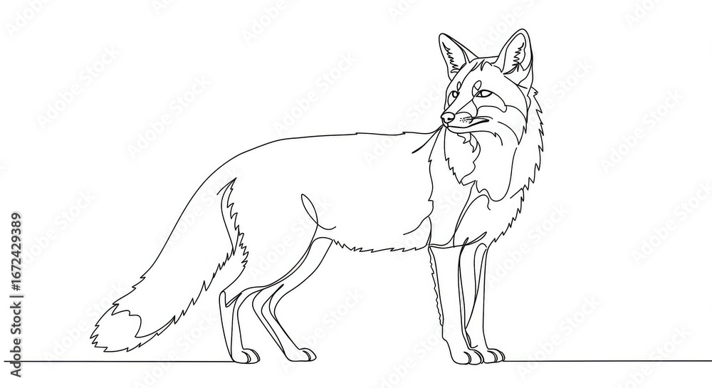 Fototapeta premium A minimalist continuous single line drawing of a standing fox looking back over its shoulder on a white background.