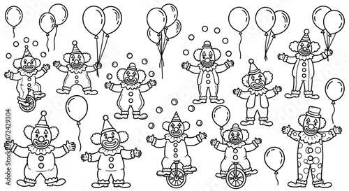 Black and White Outline Doodle Pattern of Happy Clowns with Balloons on Isolated White Background