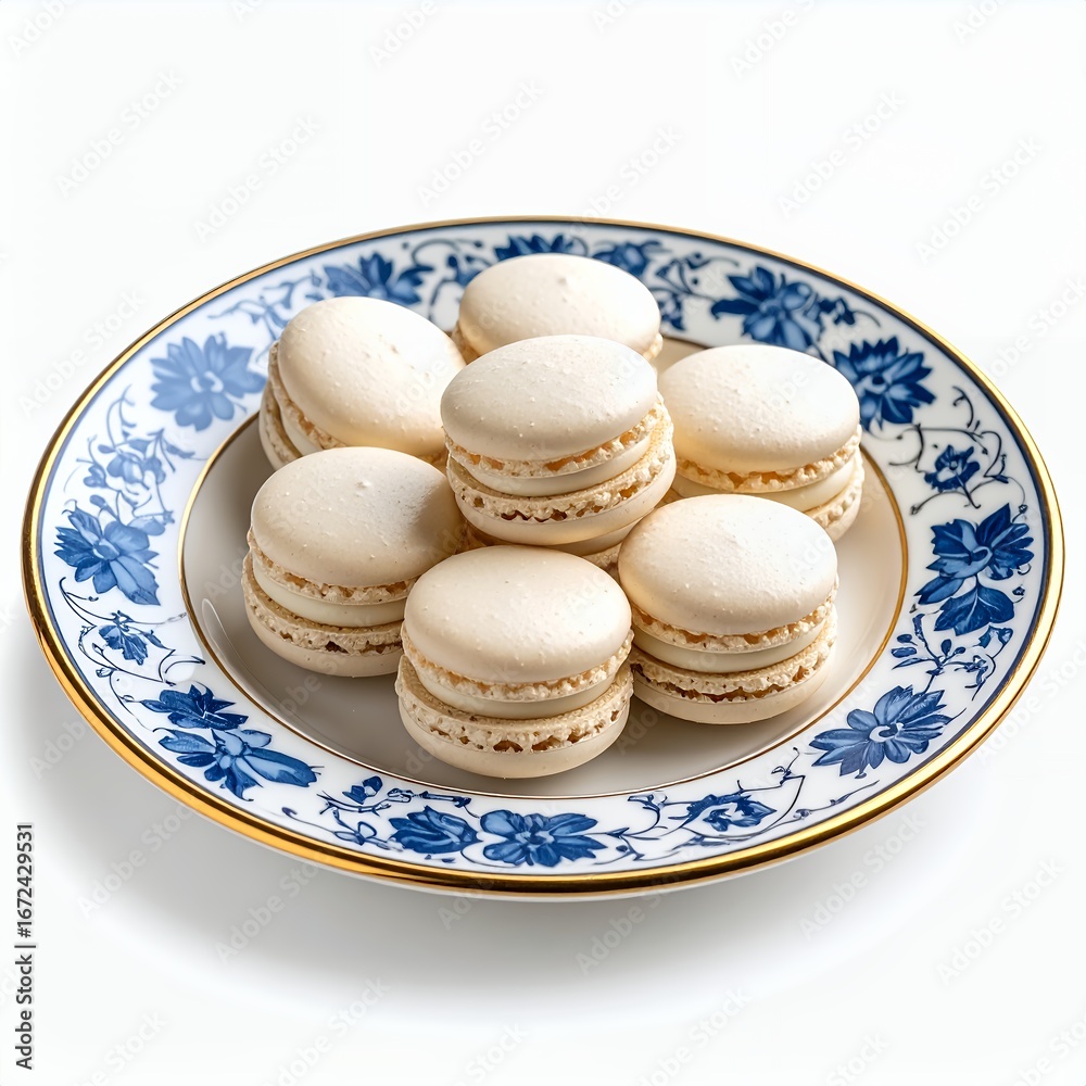 Obraz premium Delicate vanilla macarons arranged elegantly on a floral patterned plate on white background