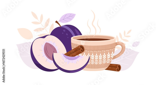 Autumnal Still Life With Plums Hot Beverage And Cinnamon Sticks Aesthetic