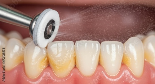 Close-up of a dental polishing tool cleaning stained teeth promoting oral hygiene and a healthy bright smile for dental care.