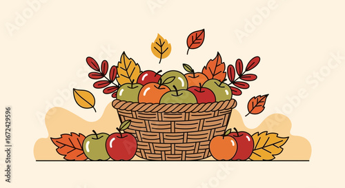 Autumn's Bounty: A Basket Overflowing With Apples And Vibrant Seasonal Foliage