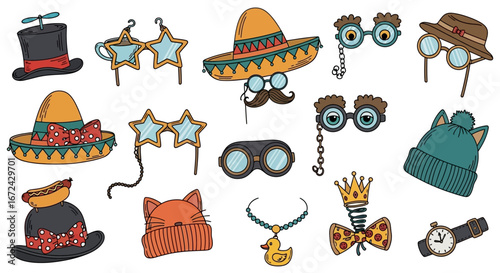 Collection of Fun Party Props and Costume Accessories in a Doodle Style on Isolated White Background