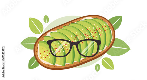 Avocado Toast With Eyeglasses And Green Leaves Depicting a Healthy and Stylish Breakfast
