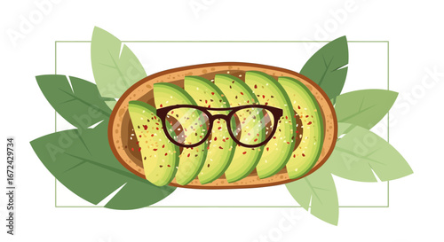 Avocado Toast With Glasses and Plant Leaves, Healthy Eating Concept for Modern Lifestyle