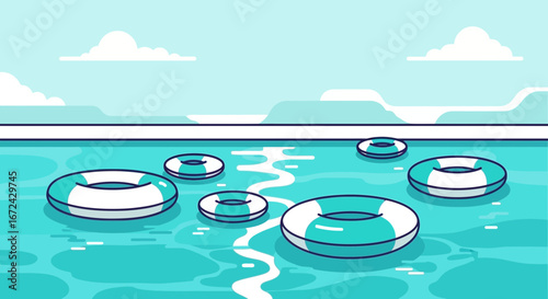 Azure Pool Floatation Devices: A Summertime Scene In Calm, Tranquil Waters
