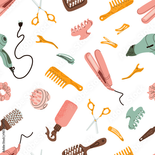 Seamless pattern with different hairdresser tools. Shampoo, hair dryer, combs, hairpins and scissors. Salon items for hair care