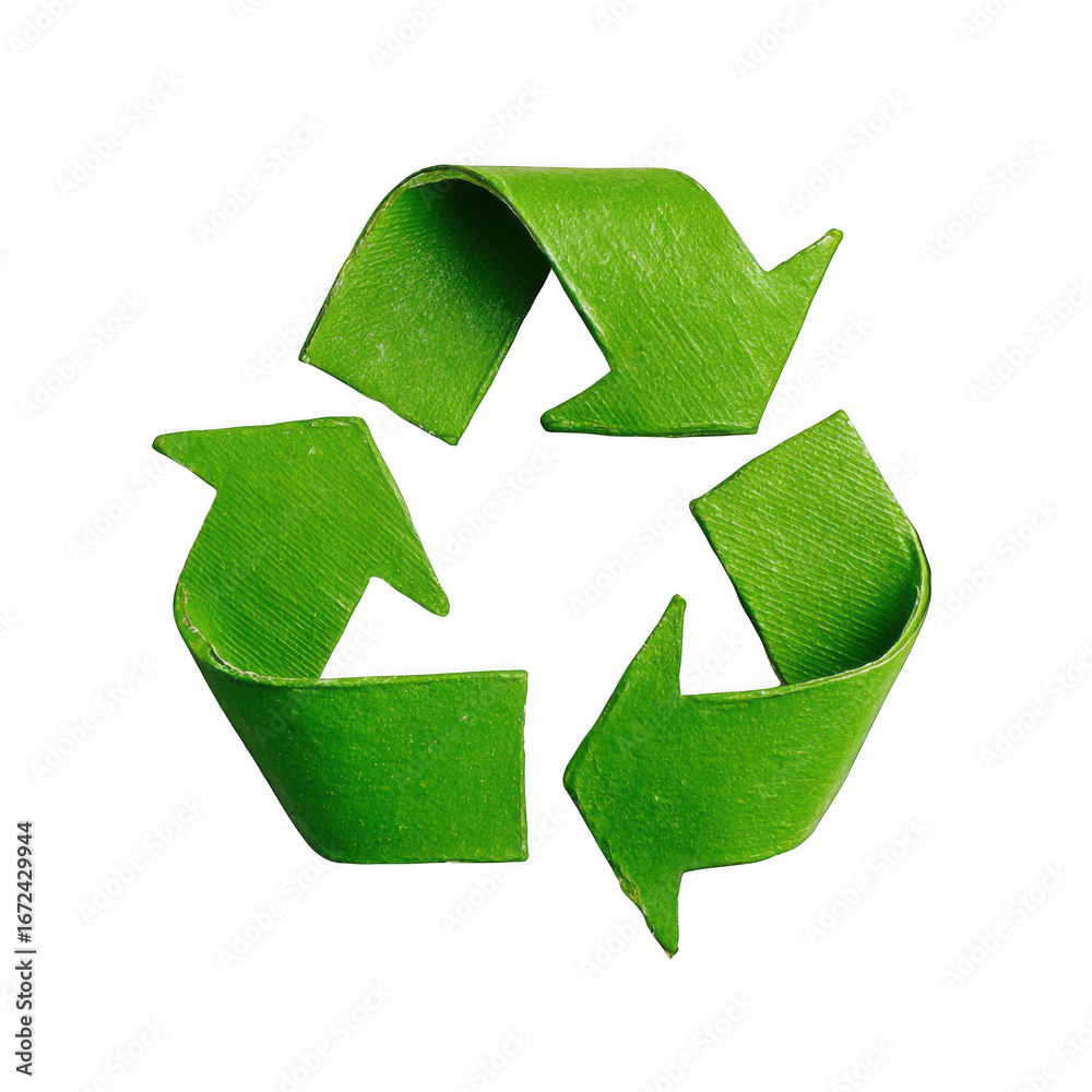 Obraz premium Green recycling symbol with textured surface isolated on transparent background