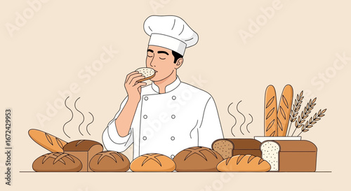 Baker Appreciating Freshly Baked Bread with Artisan Loaves and Bakery Elements