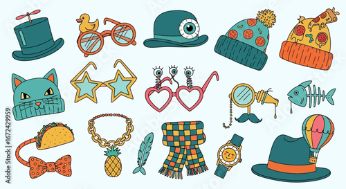 Colorful Collection of Quirky Fashion Accessories, Hats, and Unique Personal Items in a playful doodle style in a bright studio.