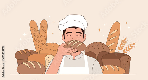 Baker Appreciating The Aroma Of Freshly Baked Bread In A Bakery Setting