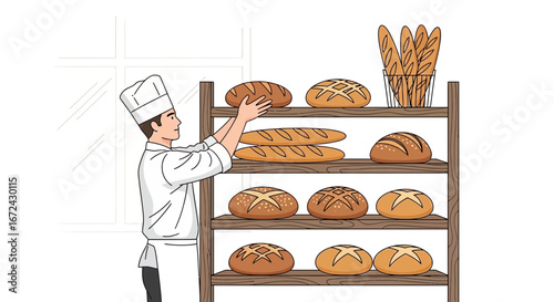 Baker Arranging Freshly Baked Bread On Wooden Shelf In A Bakery Environment