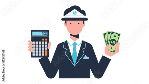 Financial Advisor with Calculator and Money: A professional, holding a calculator and money, embodies financial expertise, representing precision in budget management and monetary advice.