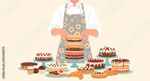 Baker Assembling Colorful Cakes and Pastries Against a Light Background