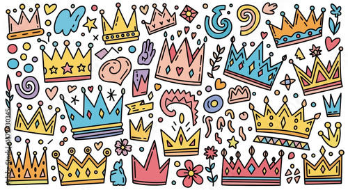 Colorful Doodle Collection of Royal Crowns and Majestic Decorative Elements in a celebratory style on an isolated white background.