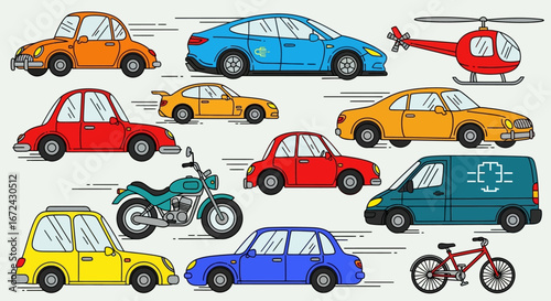 Diverse Collection of Transportation Vehicles including cars, motorcycles, and vans, for travel and city life on an isolated white background.