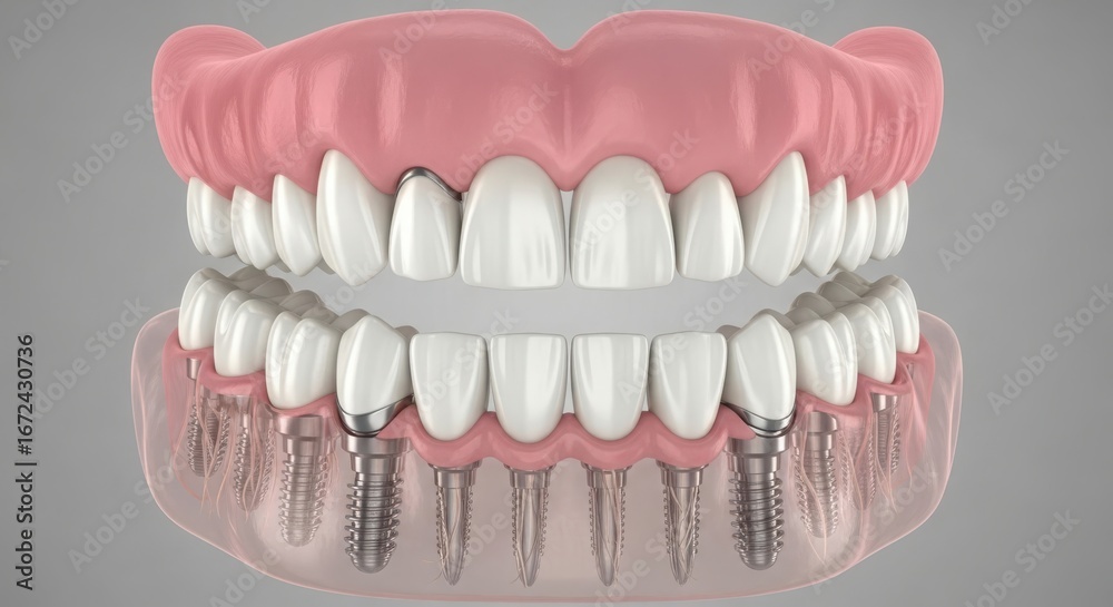 Obraz premium Full Jaw Dental Implants and Dentures 3D Render