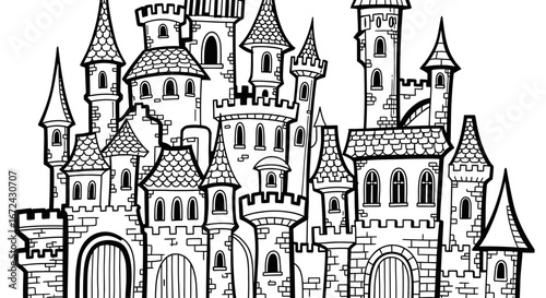Detailed Medieval Castle Line Art Drawing in a historical fantasy style on an isolated white background.