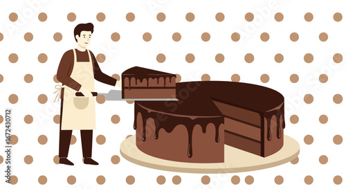 Baker Carefully Cutting and Serving Decadent Chocolate Cake Slice on a Beautiful Plate