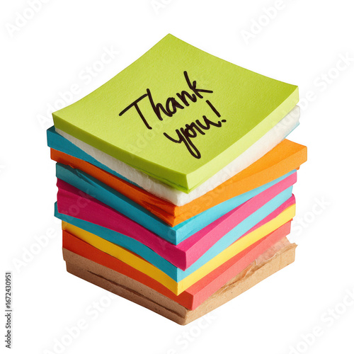 A colorful stack of sticky notes with the words thank you written on the top note isolated on transparent background
