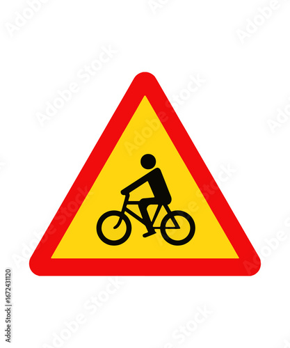 Triangular Road Sign Depicting Cyclist Caution Warning Cyclists Ahead Road Safety Cycling Awareness Signage for Pedestrian Safety and Drivers Alertness
