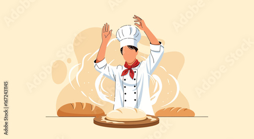 Baker Celebrates A Freshly Baked Loaf Of Bread Amidst A Floury Atmosphere