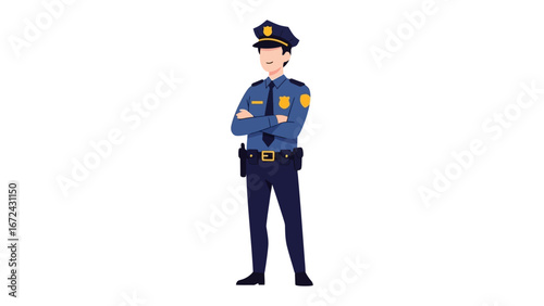 Law Enforcement Officer: A distinguished law enforcement officer stands tall, arms crossed, embodying authority and reassurance in a clean vector illustration. This image portrays respect, protection.
