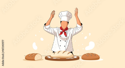 Baker Celebrating Golden Loaves: A Culinary Moment of Artisan Bread Creation