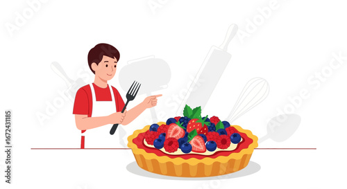 Baker Celebrating Fruit Tart Masterpiece With Kitchen Tools Illustration