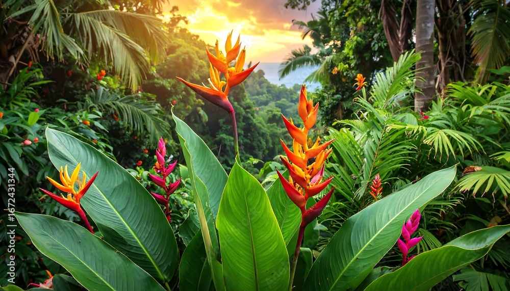 Fototapeta premium Tropical foliage and orange bird-of-paradise flowers at sunset