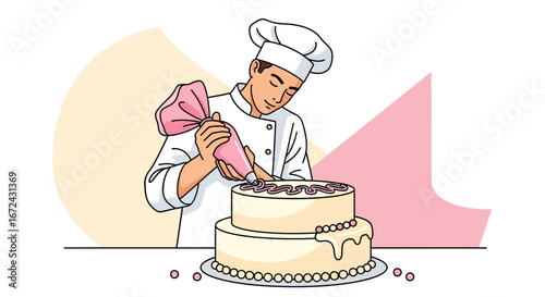 Baker Decorating A Layered Cake With Icing And Sweet Decorations For An Event
