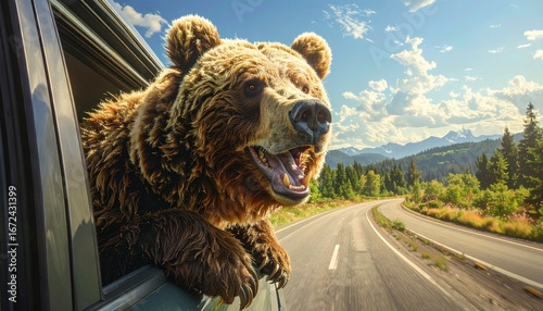 Joyful Grizzly Bear Leaning Out of Car Window on Scenic Mountain Road Adventure in Lush Forest Under Clear Blue Sky