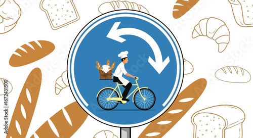 Baker Delivers Freshly Baked Goods On A Bicycle With Bread And Arrow Symbol
