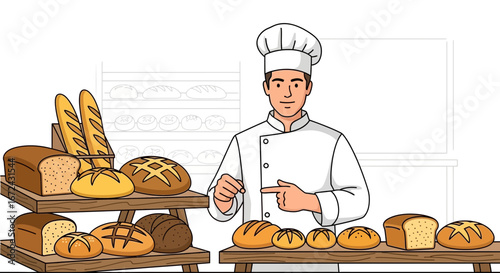 Baker Demonstrating Assortment Of Freshly Baked Artisanal Breads Inside The Bakery