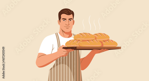 Baker Displaying Fresh, Steaming Loaves Of Bread, Ready To Serve Customers With Pride