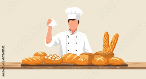 Baker Displaying Freshly Baked Artisan Loaves Of Bread On A Wooden Table.