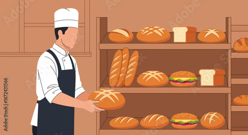 Baker Displaying Freshly Baked Bread In A Store, Ready To Be Served Customers