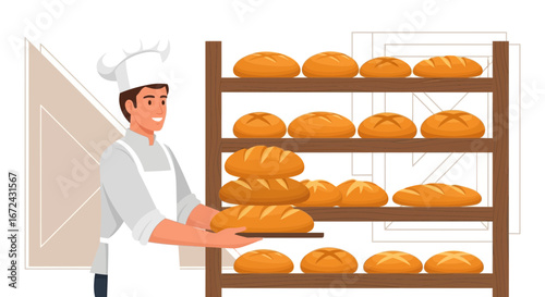 Baker Displaying Freshly Baked Loaves Of Bread From Bakery Shelves, Ready to Sell
