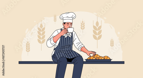 Baker Enjoying Coffee Break Beside Fresh Baked Croissants in Delightful Visual