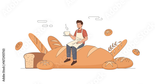 Baker Enjoying Coffee While Resting On Giant Loaf Of Freshly Made Bread Illustration