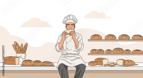 Baker Enjoying Freshly Baked Bread, Cartoon Illustration, Satisfying His Culinary Creations