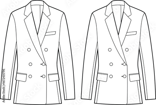 Double breasted blazer jacket flat sketch illustration, men fashion template, tailored coat outline design, classic formal suit jacket vector for apparel collection
