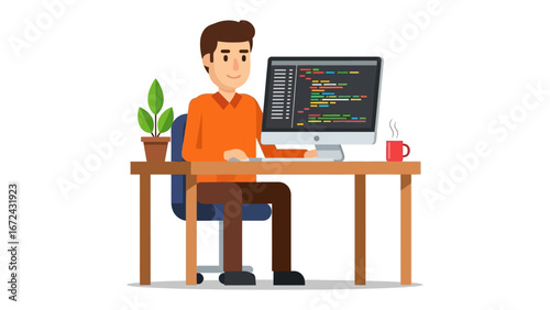 Tech Enthusiast at Work: A focused developer crafts digital solutions, surrounded by essential tools and the calming presence of a potted plant, ready to bring innovation to life.