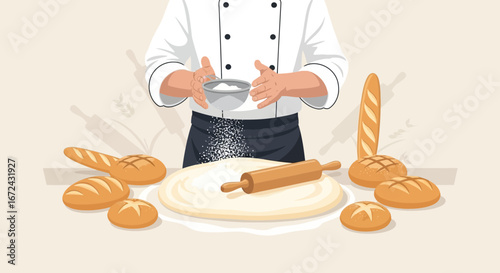 Baker Flouring Dough Preparing Bread Products For Baking Freshly Baked Goods Illustration