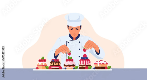 Baker Garnishing Exquisite Cakes, Sweet Treats, and Culinary Creations, Vector Illustration