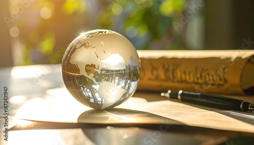 Global Business Agreement: Glass Globe with Documents, and Pen